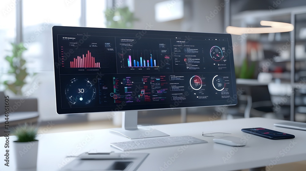 Fototapete Innovative business intelligence dashboard showcasing a dynamic 3D virtual interface with interactive data groups providing real time analytics and visual trends for strategic decision making