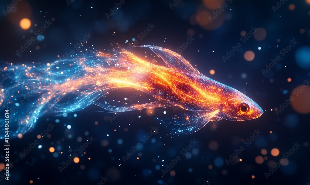 Poster abstract glowing fish made of particles on a dark background with bokeh.