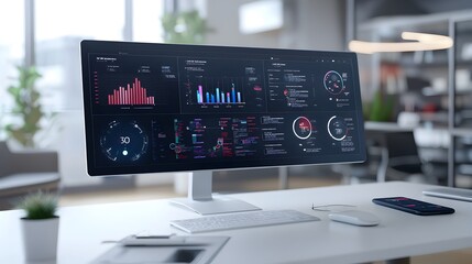 Innovative business intelligence dashboard showcasing a dynamic 3D virtual interface with interactive data groups providing real time analytics and visual trends for strategic decision making