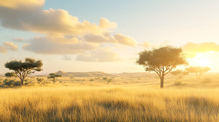 Fototapeta premium serene savannah landscape featuring wide open grasslands and acacia trees under bright sky. warm sunlight creates peaceful atmosphere, inviting exploration and reflection