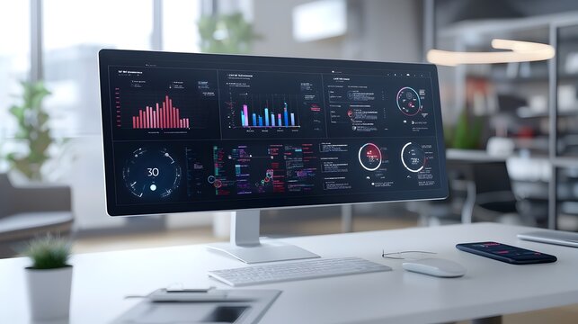 Innovative business intelligence dashboard showcasing a dynamic 3D virtual interface with interactive data groups providing real time analytics and visual trends for strategic decision making