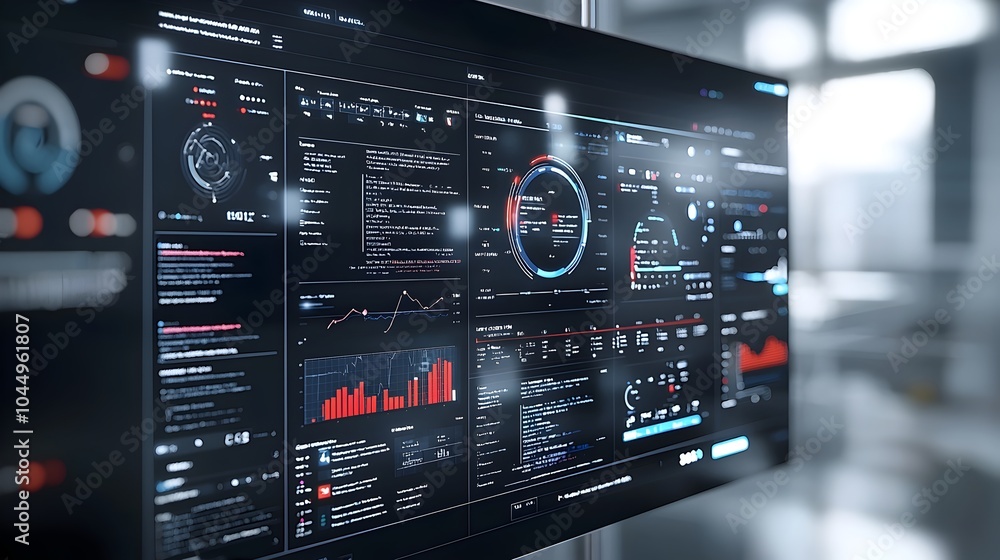Poster Sleek 3D rendered business intelligence dashboard featuring abstract technology graphics and virtual data analysis tools offering valuable insights into company performance and key metrics