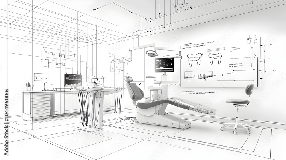 Poster graphic sketch of a futuristic dental clinic with abstract technology accents showcasing a sleek and