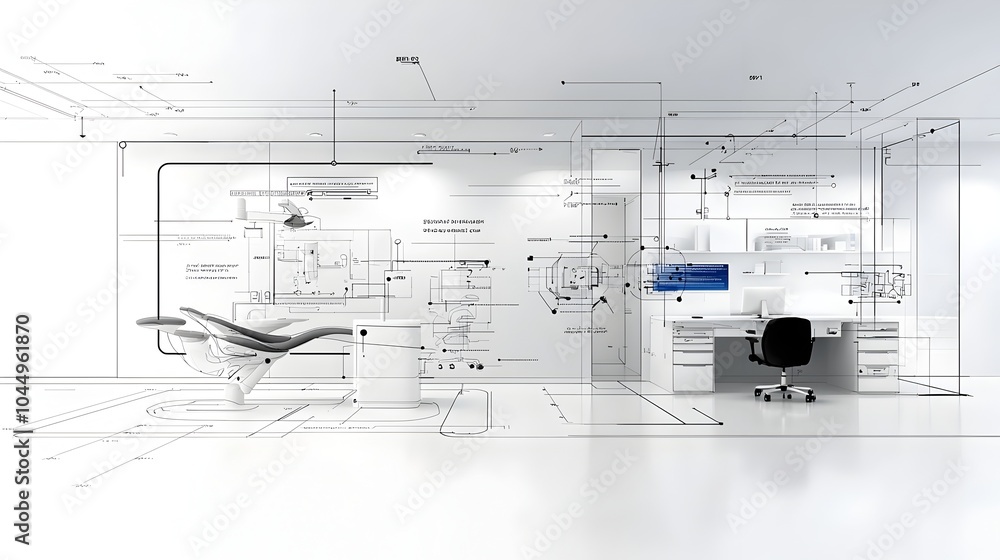 Poster graphic sketch of a futuristic dental clinic showcasing a clean and modern office layout with abstra