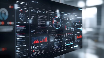 Sleek 3D rendered business intelligence dashboard featuring abstract technology graphics and virtual data analysis tools offering valuable insights into company performance and key metrics