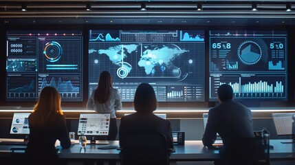 A high-resolution digital display showing accountability metrics in a control room, with team members analyzing the data and discussing strategies.