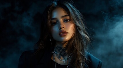 Fototapeta premium Young woman with long brown hair, smokey blue eyes, and multiple necklaces looking intensely at the camera in front of a smoky, blue background.