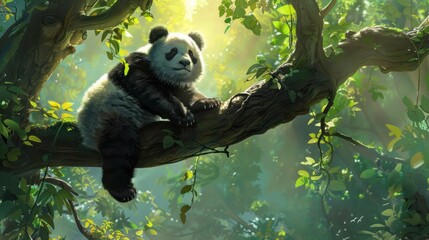 Obraz premium Panda Relaxing in the Lush Forest