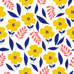 Seamless pattern with yellow flower blossom on white background. Cute hand drawn floral pattern for your fabric, summer background, wallpaper, backdrop, textile.
