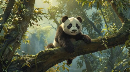 Obraz premium Panda Cub Resting on a Tree Branch in a Lush Forest