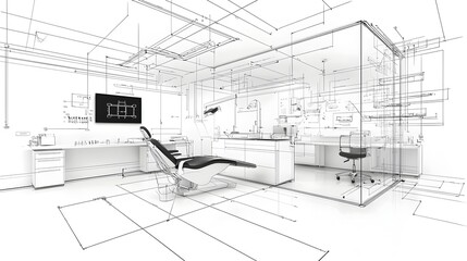 Fototapeta premium Detailed architectural sketch of a sleek high tech dental clinic featuring abstract technology influenced design elements in a clean contemporary medical office environment