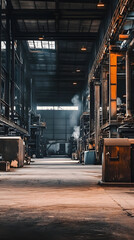 Fototapeta premium vast industrial warehouse featuring large, rusted machines and dim lighting creates dramatic atmosphere. scene captures essence of abandoned space filled with history and character