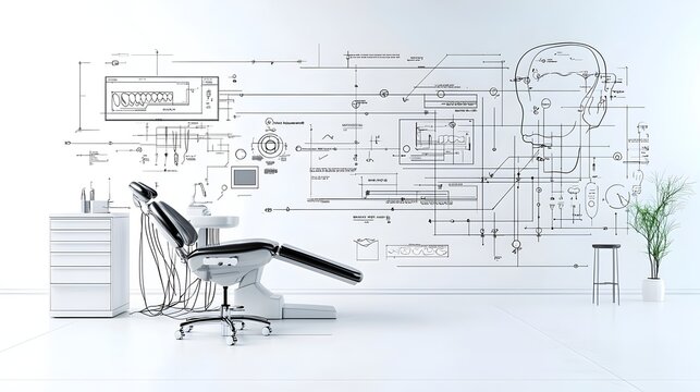 A black and white sketch depicting a clean modern and futuristic dental office interior with abstract technological elements and medical tools creating a sleek and minimalist clinic atmosphere