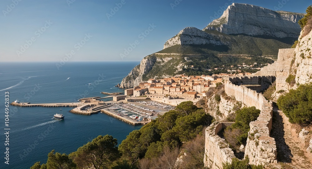 Poster rugged cliffs overlooking a medieval port background rugged cliffs providing a stunning view of a bu