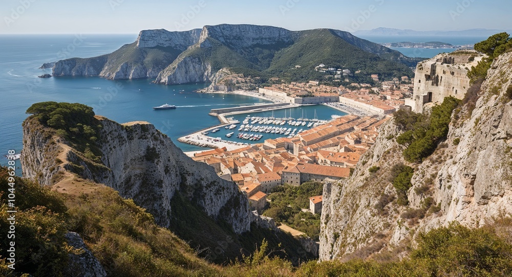 Poster Rugged cliffs overlooking a medieval port background rugged cliffs providing a stunning view of a bustling medieval port below