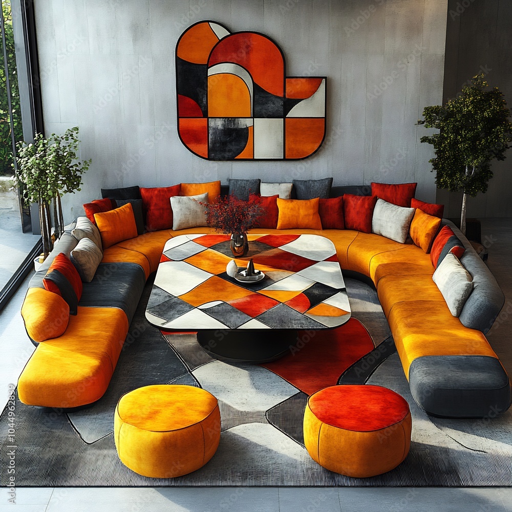 Aufkleber top view 3d render of creative dining room with an art table featuring bold geometric patterns moder
