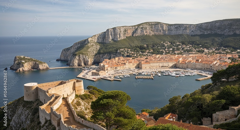 Poster rugged cliffs overlooking a medieval port background rugged cliffs providing a stunning view of a bu