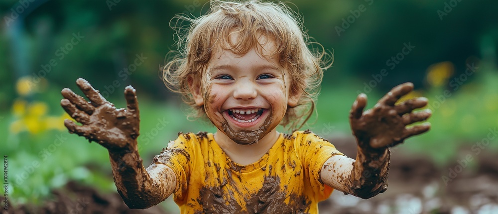 Wall mural a happy, smiling child is having fun in the backyard garden while playing with mud and dirt..