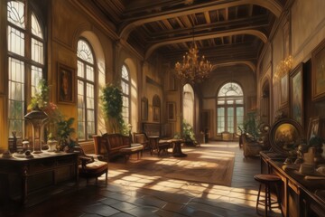 Obraz premium painting of a large room with a lot of windows and a chandelier, interior background art