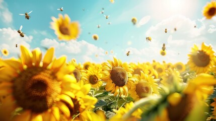 Sunflowers and Bees in a Field