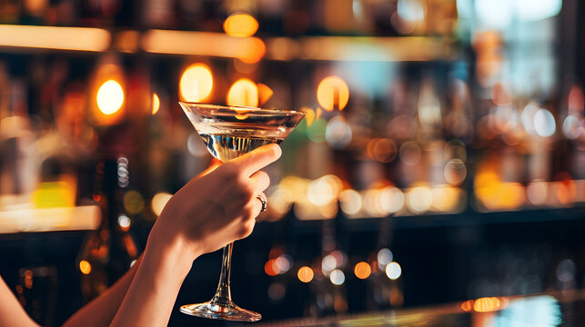 close up of womans hands elegantly holding martini glass, showcasing drinks vibrant colors against blurred bar background filled with warm lights. atmosphere is sophisticated and inviting