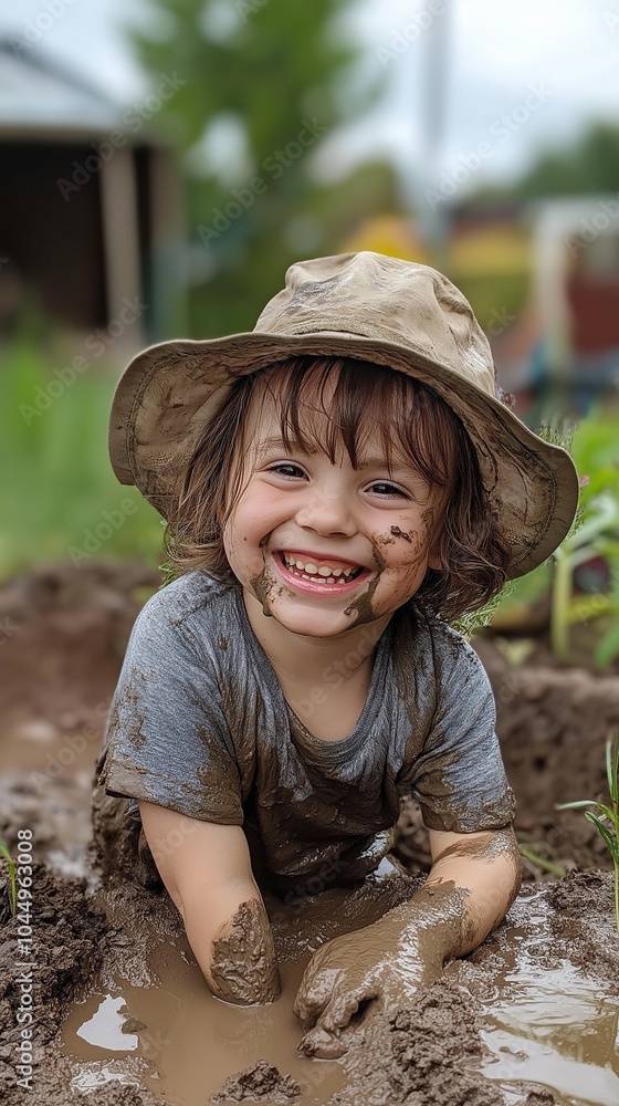 Wall mural a happy, smiling child is having fun in the backyard garden while playing with mud and dirt..