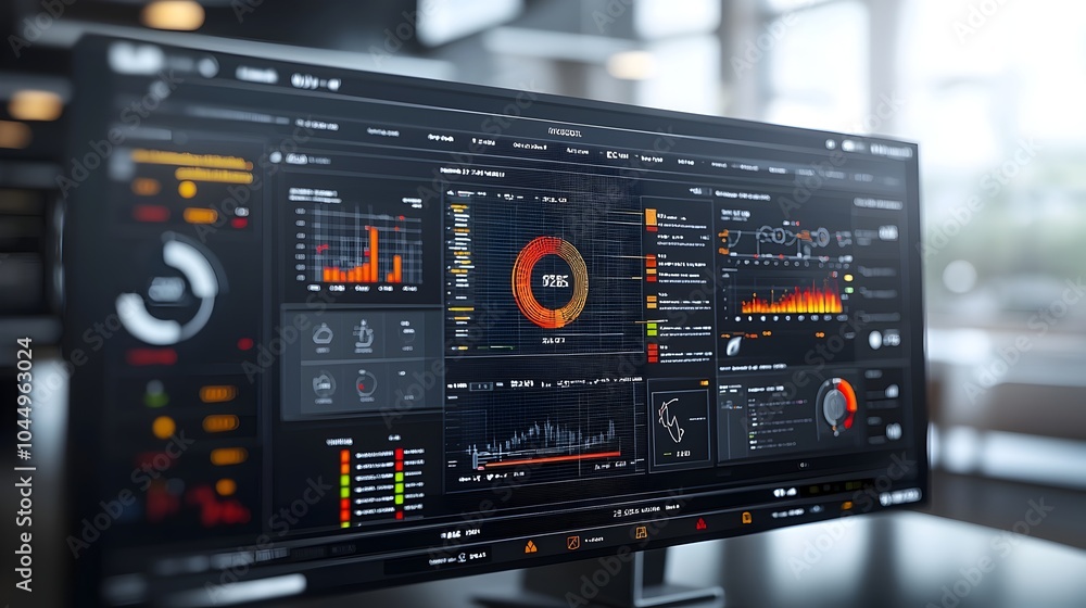 Poster Interactive business intelligence dashboard featuring abstract 3D technology visuals that showcase real time data analysis and insights on a virtual platform for corporate strategy and financial