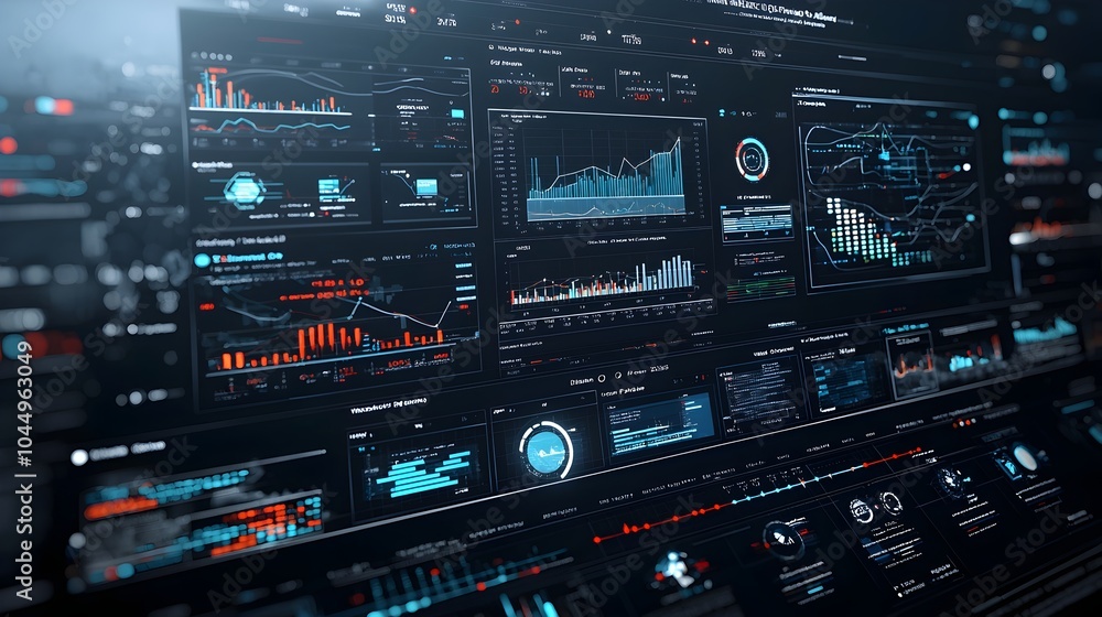 Poster Cutting edge business intelligence dashboard showcasing real time data analysis and dynamic 3D data visualizations on a sleek virtual platform for data driven decision making