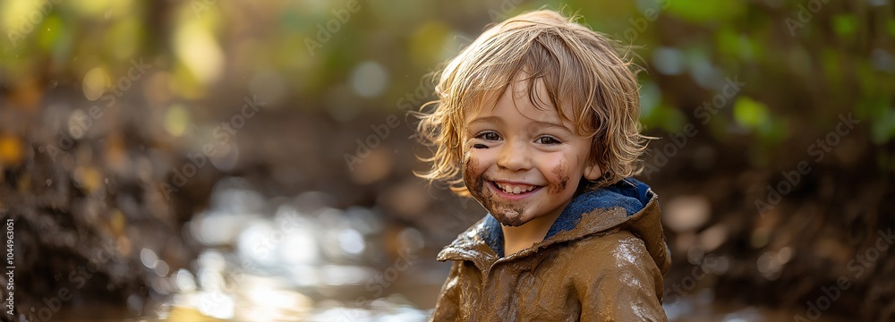 Wall mural a happy, smiling child is having fun in the backyard garden while playing with mud and dirt..