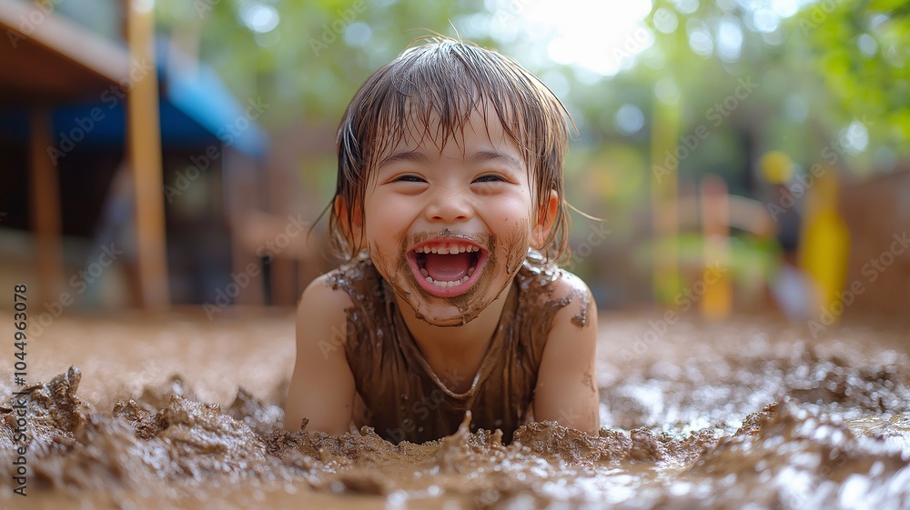 Wall mural a happy, smiling child is having fun in the backyard garden while playing with mud and dirt..
