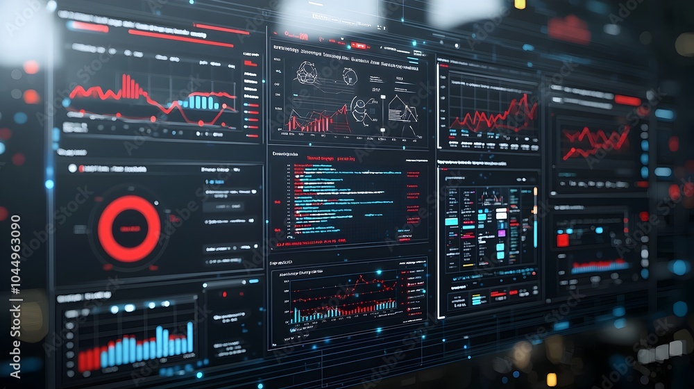 Leinwandbilder Comprehensive Virtual 3D Dashboard for Business Intelligence Analytics Featuring Abstract Technology Graphics and Data Visualization for Comprehensive Data Analysis and Reporting