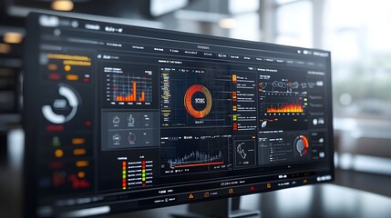 Fototapeta premium Interactive business intelligence dashboard featuring abstract 3D technology visuals that showcase real time data analysis and insights on a virtual platform for corporate strategy and financial