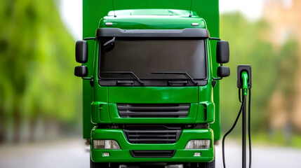 A detailed model of a green electric truck is positioned near a charging station, set against a blurred green background.