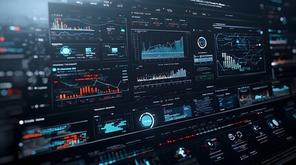 Obraz premium Cutting edge business intelligence dashboard showcasing real time data analysis and dynamic 3D data visualizations on a sleek virtual platform for data driven decision making