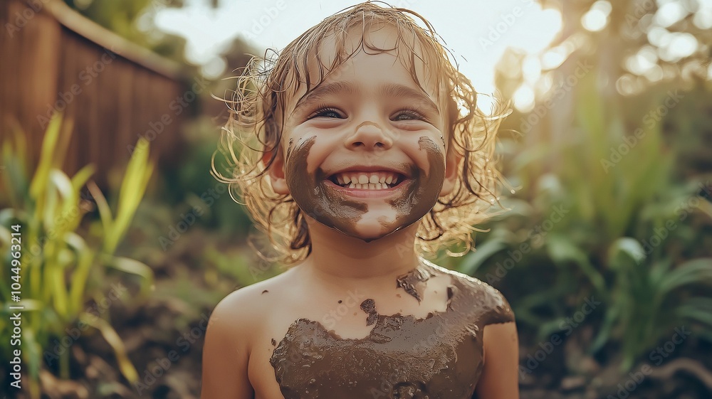 Wall mural a happy, smiling child is having fun in the backyard garden while playing with mud and dirt..
