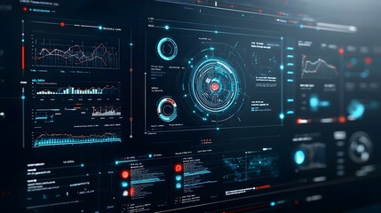 Comprehensive virtual 3D dashboard interface for business intelligence and data analytics featuring abstract technology graphics data charts