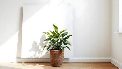 Blank canvas with empty mockup copy space. Home plant ficus elastica robusta in rattan pot. Minimal artist studio interior concept isolated with white highlights, png