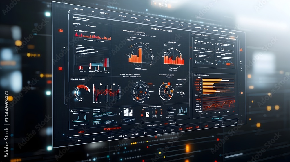 Poster Futuristic 3D virtual business intelligence dashboard showcasing abstract technology interface with data trends performance metrics and analytics in a modern minimalist design