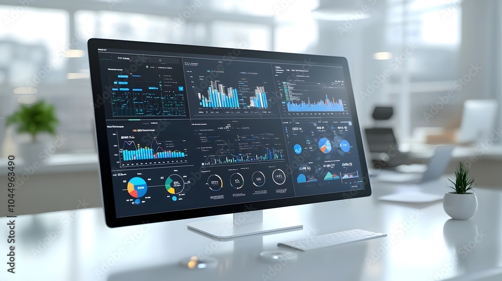 Aufkleber Futuristic 3D virtual business intelligence platform with abstract technology design featuring detailed data analytics and group visualization tools for strategic planning and decision making