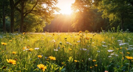Obraz premium Sunlit meadow surrounded by forest background bright meadow bursting with wildflowers enclosed by lush trees