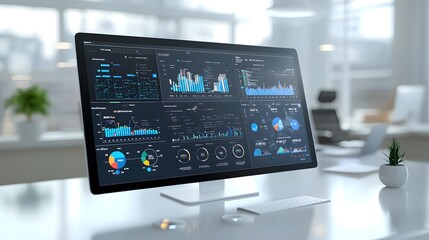 Futuristic 3D virtual business intelligence platform with abstract technology design featuring detailed data analytics and group visualization tools for strategic planning and decision making