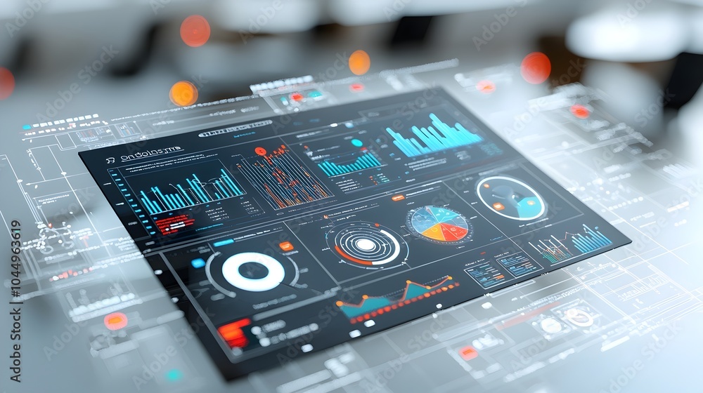 Aufkleber Futuristic virtual 3D business intelligence platform featuring abstract technology design with detailed data analytics group visualization and modern corporate information system