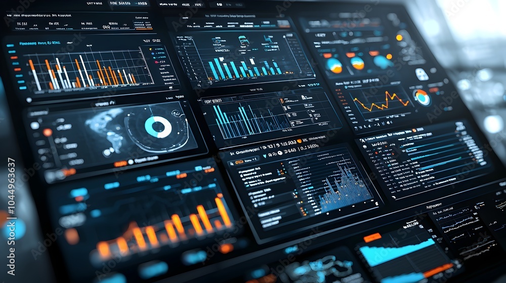 Poster Futuristic 3D Data Analytics Dashboard for Real Time Business Intelligence Insights   Providing Sophisticated Visual Trends and Data Driven Decision Making