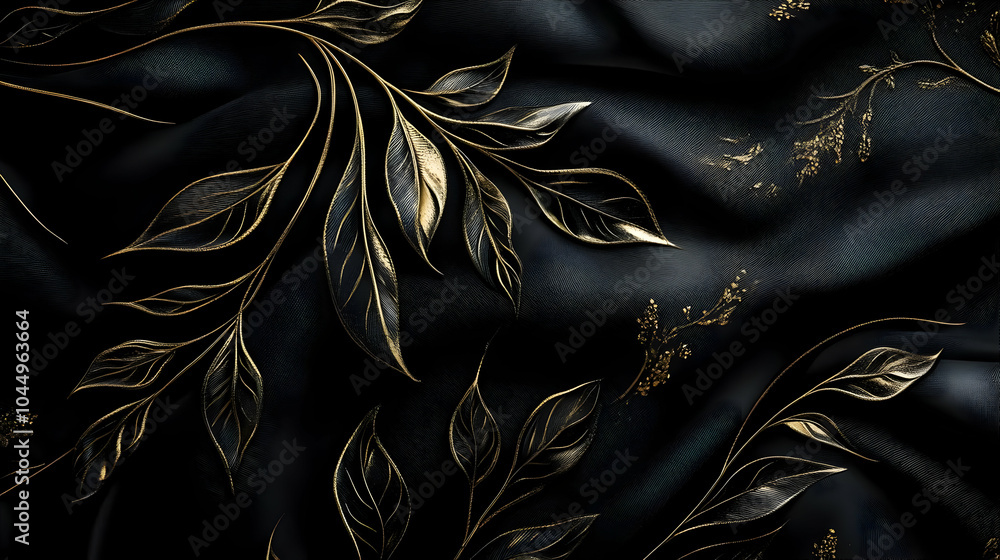 Poster Gold Leaf Pattern on Black Fabric Illustration