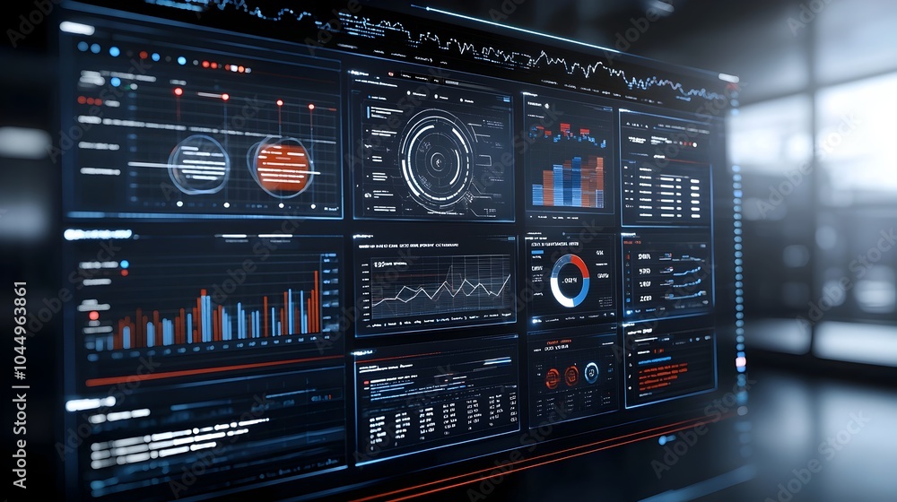 Poster Virtual business intelligence dashboard featuring abstract technology visuals and 3D data rendering offering deep insights and advanced analysis to support strategic decision making