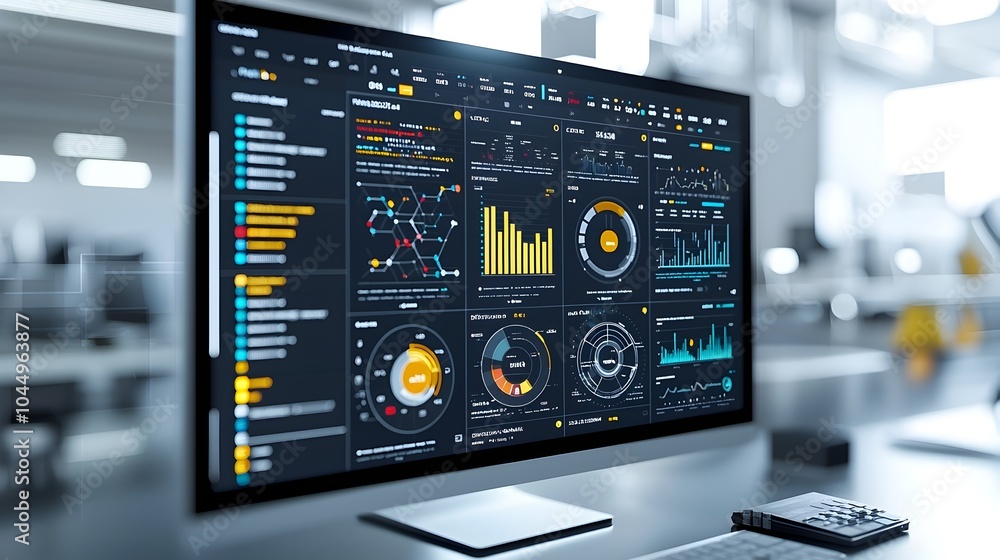 Poster Futuristic Virtual Business Intelligence Dashboard Featuring Abstract Technology Visuals and 3D Data Rendering Offering Deep Insights and Advanced Analytics for Informed Decision Making