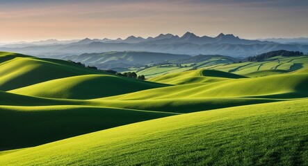 Verdant hills rolling toward distant mountains background rolling emerald landscapes gently leading up to majestic peaks on horizon