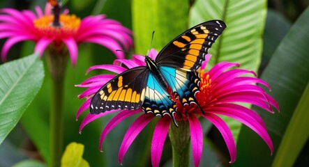 Fototapeta premium Vibrant butterfly landing on jungle flower background colorful butterfly perched delicately on a vibrant jungle flower