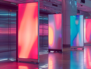 Illuminated LED neon posters create vibrant atmosphere in modern space, showcasing colorful abstract designs. reflections on floor enhance visual appeal
