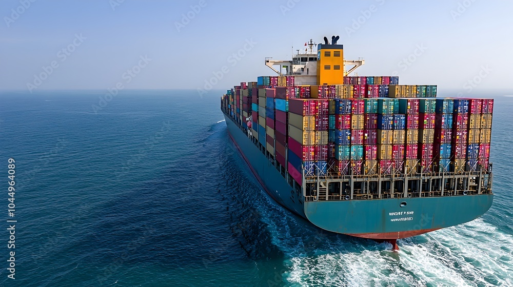 Leinwandbilder Aerial perspective of a large cargo ship carrying an array of multicolored shipping containers traversing the expansive open ocean under clear skies